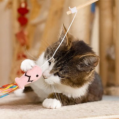 Jeu pour chat - Baguette avec poisson, cloche et ruban - Chatyfyclub
